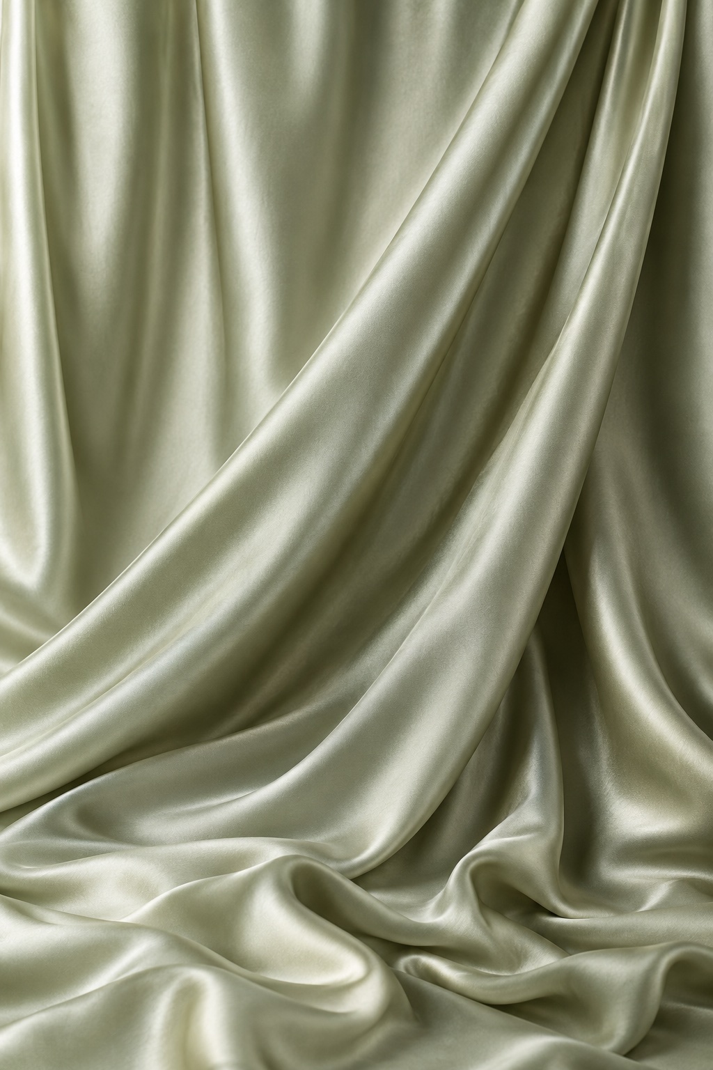 Illustrative sage green satin with flowing folds and a soft sheen