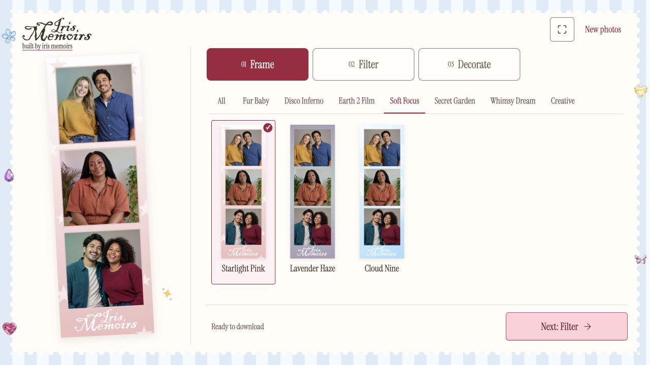 Our photo booth app with a sample photo strip and a choice of frames